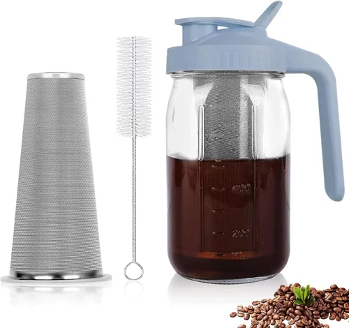 Miniatura 12 de Máquina de café de infusión fría, jarra de albañil de 64 onzas con filtro de acero inoxidable, tapa con pico para servir, de vidrio resistente