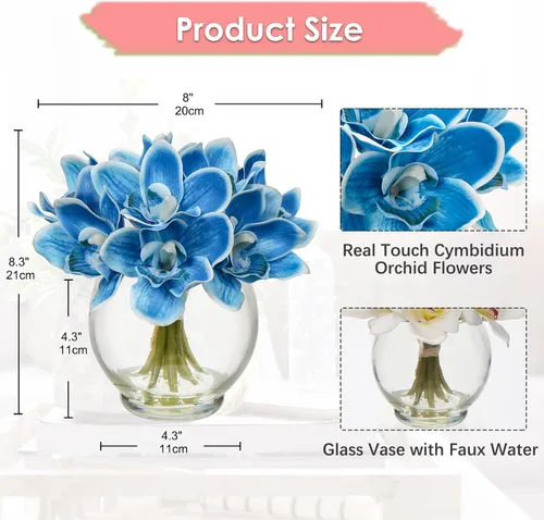 Miniatura 2 de DILATATA Flores sintéticas en jarrón de 9.3 pulgadas, arreglo de flores de orquídea Cymbidium con agua sintética de tacto real para mesa de boda