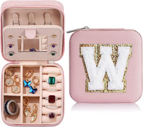 Joyero de viaje para mujeres y niñas, caja de joyería con inicial W para adolescentes y niñas Joyero pequeño de viaje para mujeres Joyero de viaje