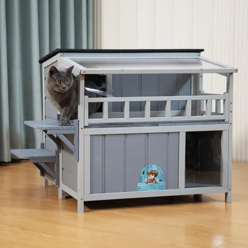 Miniatura 9 de Refugio para gatos de madera cálida de 2 niveles con techo de luz solar, casa para gatos al aire libre, balcón, plataformas de salto, recinto