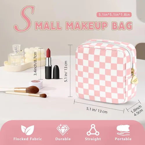 Miniatura 2 de Bolsa de maquillaje pequeña de 5.1 x 5.1 pulgadas para monedero, material flocado, mini bolsa de maquillaje de viaje con dos bolsillos internos