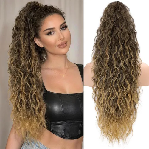 Miniatura 22 de KooKaStyle Extensión de cola de caballo con cordón de 26 pulgadas (66 cm) para mujeres, extensiones de cabello sintético rizado largo para uso