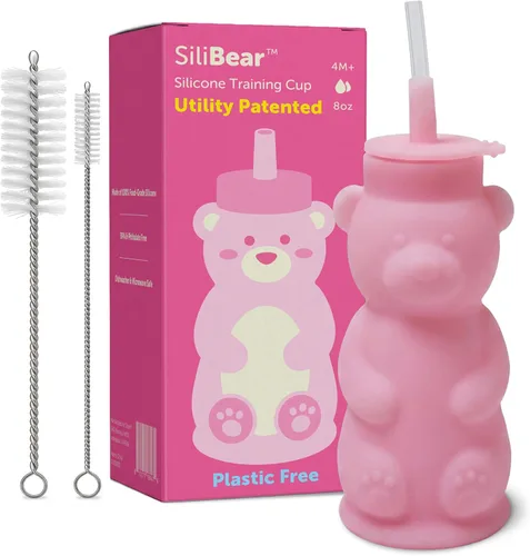 Silipint Honey Bear - Vaso con popote para bebés, tapa suave de silicona de grado alimenticio, apto para lavavajillas, ligero y fácil agarre, Rosa