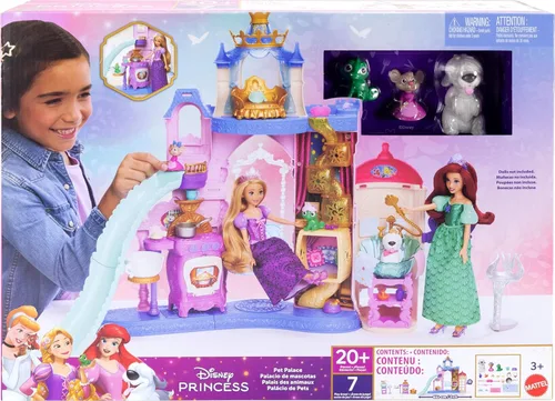 Miniatura 6 de Mattel Set de juego de castillo de mascotas de princesas Disney con 7 áreas de juego, 3 amigos animales, muebles y 17 accesorios, palacio