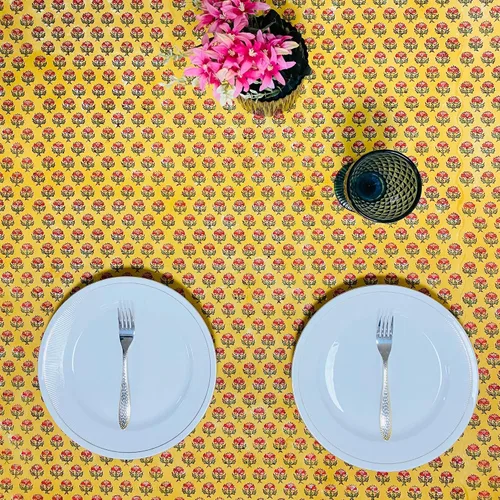 Miniatura 3 de Ridhi Mantel rectangular de algodón con estampado de bloque a mano amarillo mostaza, 102 x 48 pulgadas, reutilizable, decorativo para uso diario