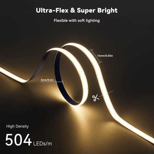 Miniatura 2 de PAUTIX Tira de luz LED COB de 5 mm 16.4 pies/5 m 3000K Blanco cálido 504 LEDs/m, Cinta LED flexible DC24V para gabinete Hogar Proyectos