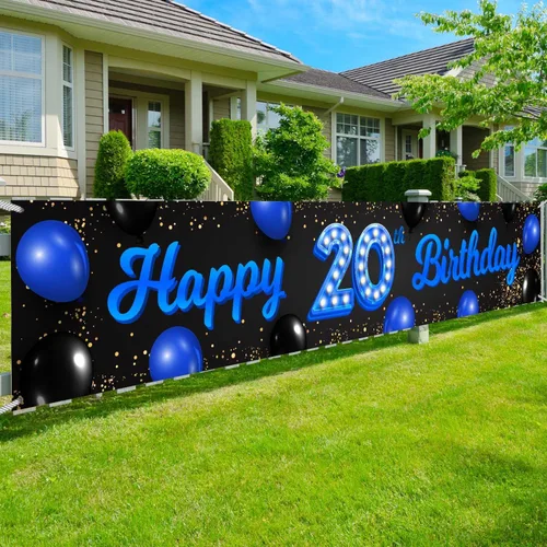 Cartel azul y negro de feliz cumpleaños número 20, decoración temática de globos de confeti para niñas y mujeres, decoraciones de fiesta de