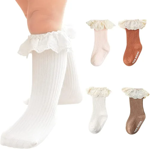 HOUSEYUAN Calcetines largos con volantes para bebés y niñas para recién nacidos con encaje en el muslo con volantes medias largas para niños de 6 a