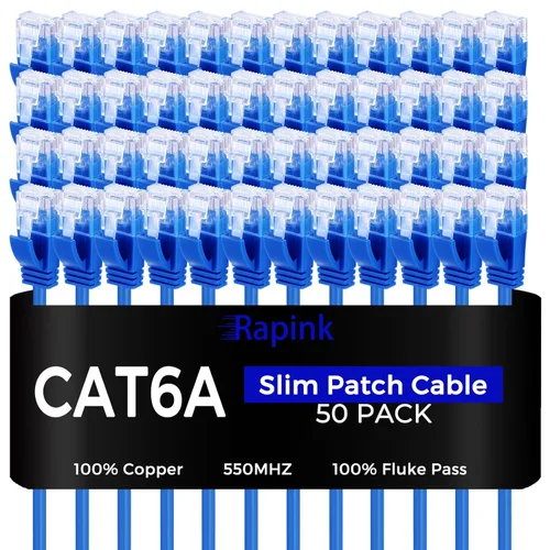 Rapink Cables de conexión Cat6a 0.5 pies (paquete de 50) delgados, Cable de conexión Ethernet Cat6a con soporte de 10G, Cable de conexión Cat 6 sin
