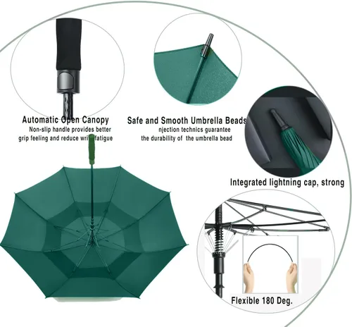 Miniatura 3 de Paraguas de golf extragrande de 62, 68 y 72 pulgadas, con doble dosel ventilado, resistente al viento, impermeable, de apertura automática