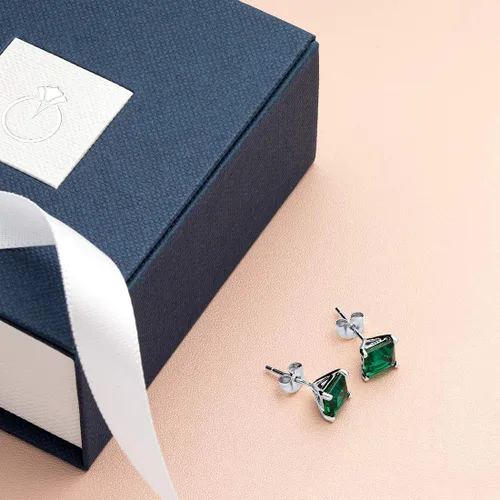 Miniatura 6 de Peora Aretes de tuerca de esmeralda creados para mujer, oro blanco de 14 quilates, solitario clásico, corte princesa de 2 quilates, 0.236in, parte