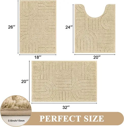 Miniatura 2 de Vaukki Juego de alfombras de baño de 3 piezas, color beige, lavables, antideslizantes, suaves, para ducha y bañera, alfombra de microfibra