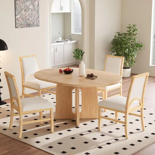 Miniatura 13 de Merax - Juego de mesa de comedor redonda extensible para 4-6, juego de mesa de cocina de granja con 4 sillas tapizadas y hojas extraíbles