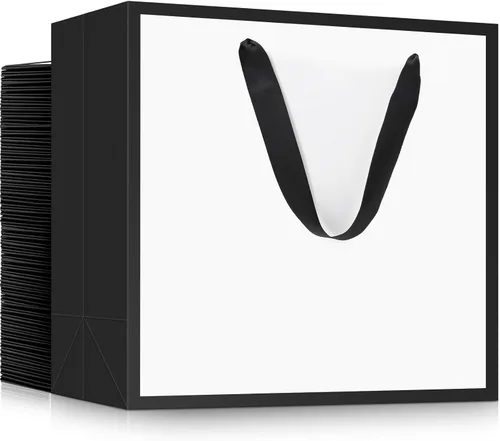 Miniatura 52 de EUSOAR Bolsas de papel de regalo de tamaño pequeño, paquete de 25 bolsas de papel negro resistentes de 8.6 x 3.9 x 7 pulgadas con asas a granel