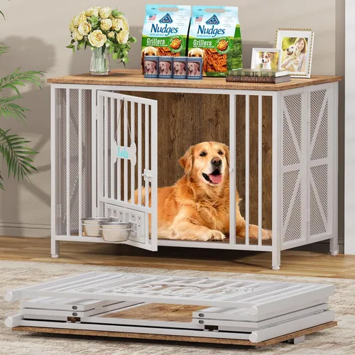 Miniatura 8 de EasyCom Muebles de Jaula Plegable Grande para Perros, 41.3" Jaulas Sin Montaje para Perros Grandes, Perrera de Madera para Interiores con Etiqueta
