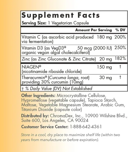 Miniatura 5 de TRU NIAGEN Suplemento de apoyo inmunológico – Defensa diaria – Vitamina C de fermentación, vitamina D3 vegana 2000 UI, zinc, más teracurmina