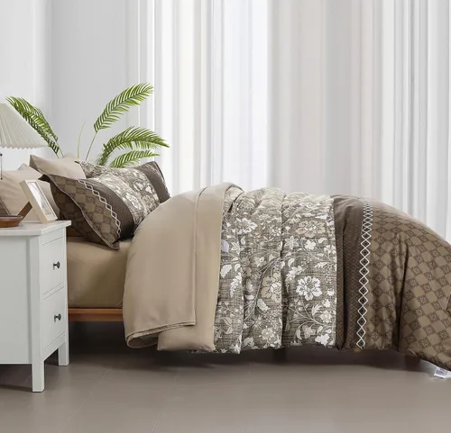 Miniatura 4 de WONGS BEDDING Juego de edredón marrón tamaño Queen, juego de 7 piezas en una bolsa con diseño de patchwork floral, juego de sábanas Queen