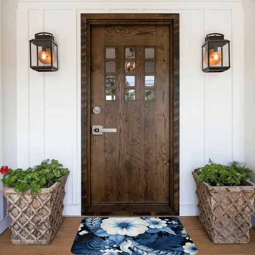 Miniatura 7 de Tapete para puerta delantera, tapete de bienvenida con estampado floral azul y blanco, absorbente, antideslizante, tapete de entrada suave, alfombra