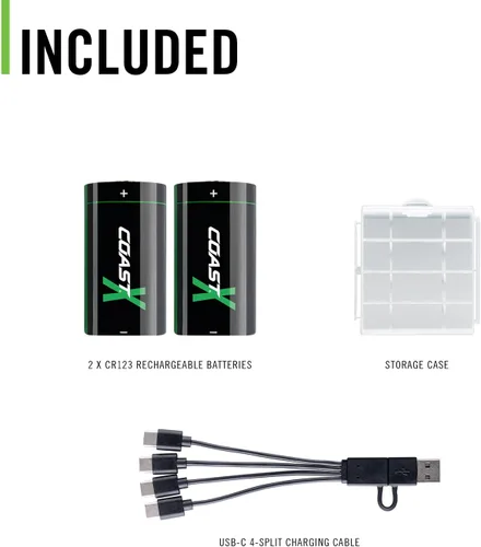 Miniatura 8 de Coast ZX - Baterías recargables CR123 USB-C, ZITHION-X, iones de litio de 1.5 V 1100 mAh, larga duración, se carga menos de 3 horas, cable de carga