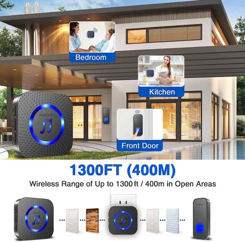 Miniatura 2 de SURFOU Timbre inalámbrico, impermeable, fácil instalación - rango de 1300 pies, 55 tonos, 5 niveles de volumen ajustables - flash LED