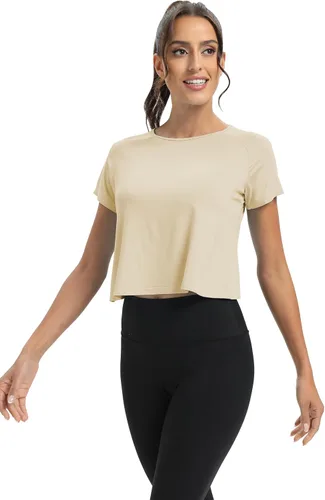 Miniatura 5 de Mippo Camisetas de entrenamiento para mujer, recortadas, con espalda dividida, atléticas, para gimnasio, ejercicio, ajuste holgado