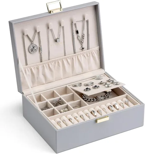Miniatura 9 de Vlando - Joyero de 2 capas, joyero organizador grande para mujeres, bandeja de joyería removible para collares, aretes, anillos, pulseras, joyeros