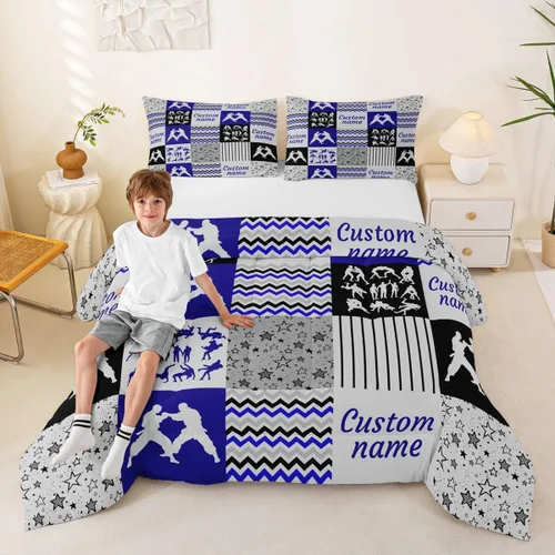 Miniatura 51 de Juego de edredón de softbol personalizado, juego de ropa de cama de retazos a cuadros para niños y niños, edredón de bate de béisbol, juego