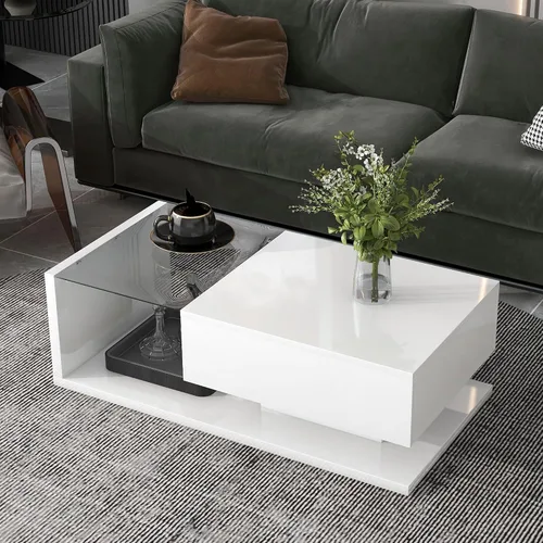 Miniatura 10 de LUMISOL Mesa auxiliar rectangular de 2 niveles con vidrio templado, moderna mesa de cóctel con superficie UV de alto brillo, mesa central de diseño
