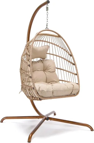 Miniatura 9 de NICESOUL Acogedora silla colgante con soporte para interiores y exteriores, silla columpio de mimbre para patio con cojín y patas doradas, 350