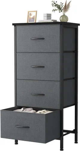 Miniatura 17 de Sweetcrispy Cómoda alta de tela para dormitorio, cómoda delgada de 6 cajones, torre de almacenamiento estrecha con parte superior de madera y marco