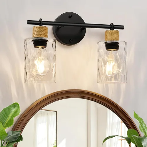 Miniatura 11 de MOKATNG Juego de 2 apliques de pared para baño, luces de tocador modernas costeras con pantalla de cristal, lámpara de pared negra para espejo