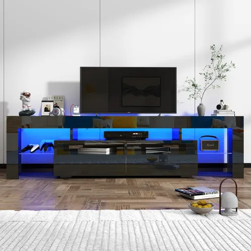 Miniatura 2 de St.Mandyu Soporte de TV LED para TV de 65/75/85 pulgadas, centro de entretenimiento moderno de alto brillo con cajón y luces LED, mesa de televisión