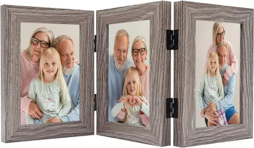Frametory, 3 Marcos de Fotos 4x6 Marcos de Fotos Trípticos Collage - Cristal Real - Triple Plegable (Gris, 1 Paquete)