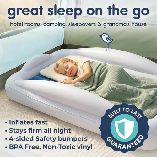 Miniatura 2 de hiccapop Cama inflable de viaje para niños pequeños con parachoques de seguridad [4 lados], cama portátil para niños, colchón de aire para niños