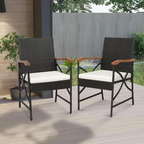 Miniatura 3 de Tangkula Juego de 2 sillas de comedor de mimbre para patio, sillas de ratán de polietileno para exteriores con cojín suave, marco de metal