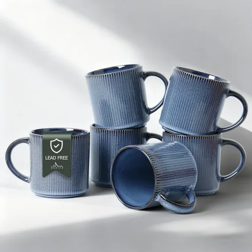 MONITO Juego de 6 Tazas de Café de 16 Oz, Juego de Tazas de Café de Cerámica Rústica con Mango Grande, Vintage, Tazas de Café de Gres Rayadas para