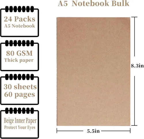 Miniatura 3 de Paquete de 24 cuadernos de papel kraft A5 a granel, cuadernos de papel rayado, 8.3 x 5.5 pulgadas, 60 páginas, cuaderno de composición para viajes