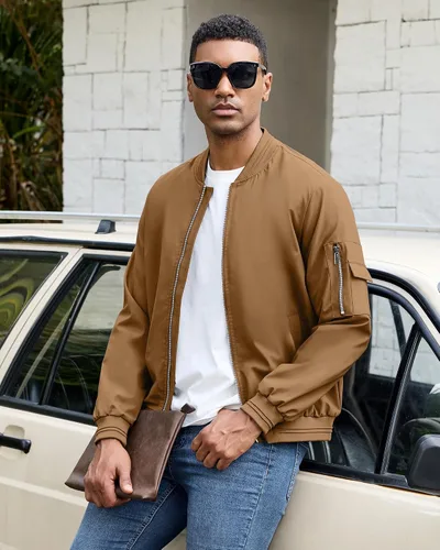 Miniatura 6 de Polu Chaquetas bomber para hombre con bolsillos, chaquetas cortavientos ligeras, cremallera de 2 vías, abrigo casual de negocios para otoño e