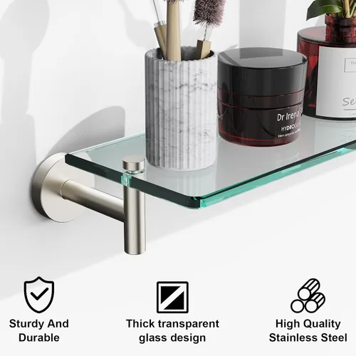 Miniatura 6 de Estantes de vidrio para baño, estante flotante de 20 pulgadas de níquel cepillado, estante de vidrio templado de acero inoxidable, estantes modernos