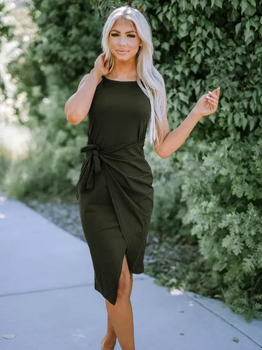 Miniatura 3 de NOLLSOM Vestido casual sin mangas a rayas para mujer vestido por debajo de la rodilla de verano con cuello halter fruncido entallado con lazo
