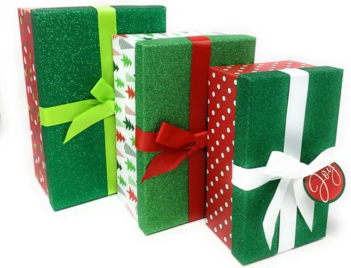 The Seasonal Shop 3 cajas de regalo de Navidad, cajas rectangulares apiladas con tapas, lazos y etiquetas navideñas en varios tamaños para