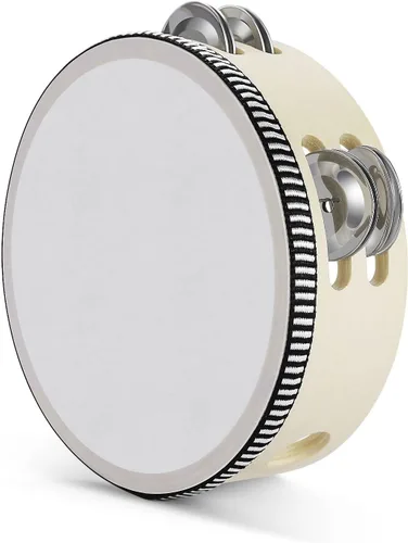 Miniatura 16 de Flexzion Pandereta redonda de madera para niños y adultos de 8" pulgadas, 8 pares de jingles de fila única, instrumento de percusión de mano de Una