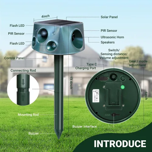 Miniatura 2 de Repelente solar de animales de 360° mejorado: repelente de gatos al aire libre Repelente ultrasónico de plagas con detección de movimiento