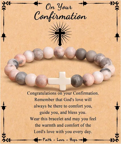Miniatura 26 de JoycuFF Regalos Cristianos, Pulseras de Cruz para Mujeres, Joyería Cristiana Católica Religiosa de Fe de Pascua, Pulseras de Piedra Natural