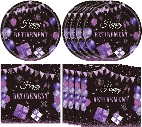 Miniatura 11 de Juego de 40 piezas de vajilla desechable para fiestas de jubilación para hombres y mujeres, color negro y plateado, incluye platos de jubilación