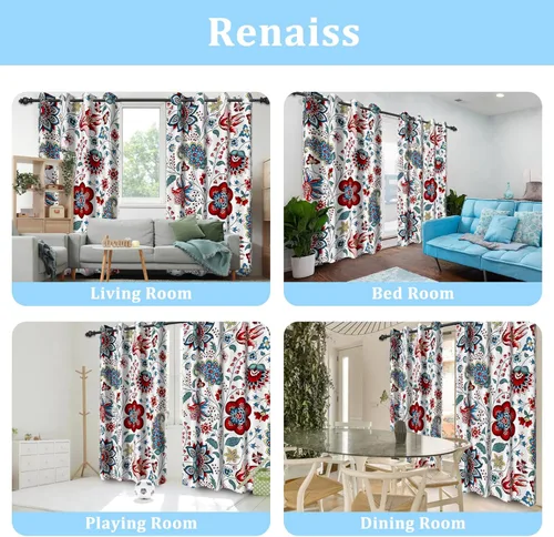 Miniatura 8 de Renaiss - Cortinas opacas florales boho, cortinas de ventana con aislamiento térmico y estampado de flores y plantas bohemias para dormitorio