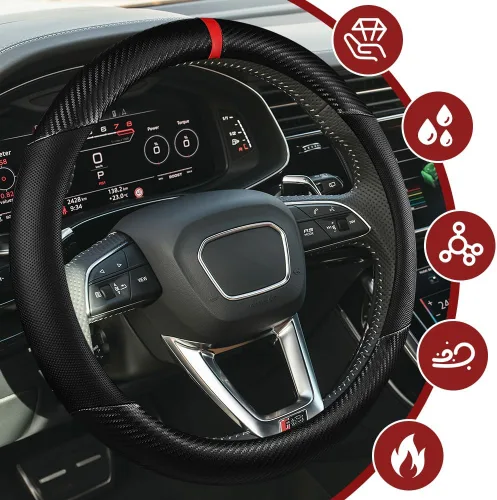 Miniatura 3 de Funda para volante de automóvil, accesorios para volante, cuero de microfibra de 15 pulgadas, fibra de carbono, suave, antideslizante, transpirable