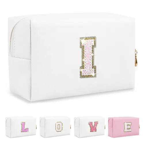 Miniatura 65 de Pequeña bolsa de maquillaje personalizada con inicial A-Z Preppy Patch, bolsa de cosméticos de viaje de felpilla blanca con cremallera, bonita bolsa