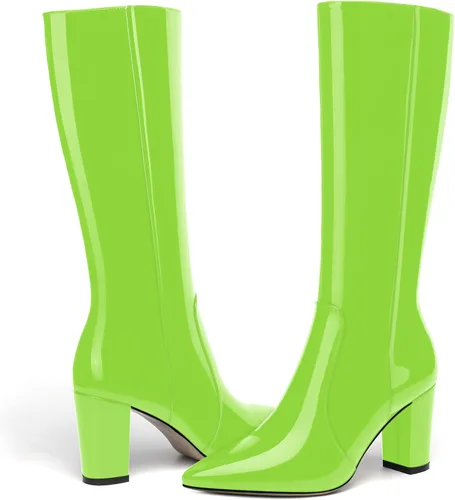 Miniatura 90 de AMBELIGHT Botas altas hasta la rodilla con cremallera y puntera puntiaguda para mujer, de patente sólida, tacón alto, 3.3 pulgadas