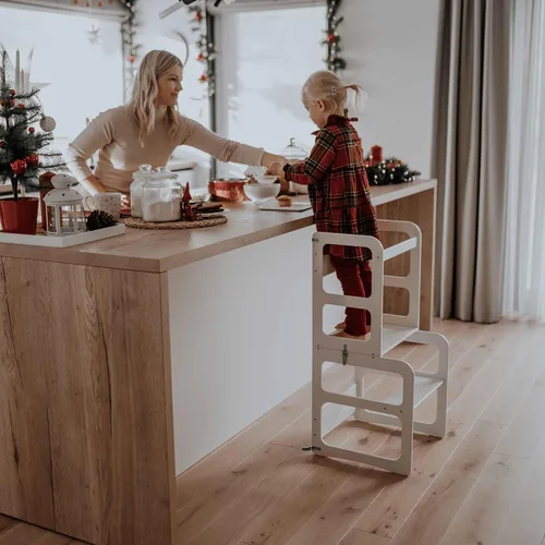 Miniatura 11 de Torre de cocina Montessori y taburete de observación para niños, mesa y silla plegable, torre de observación de cocina (color lacado/madera)